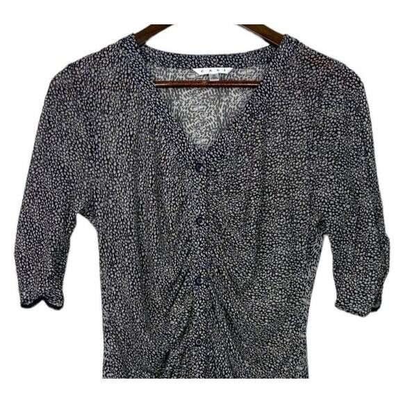 CAbi Leopard Sheer Gathered Placket Ruched Blouse Half Sleeve M Black White - Picture 4 of 15